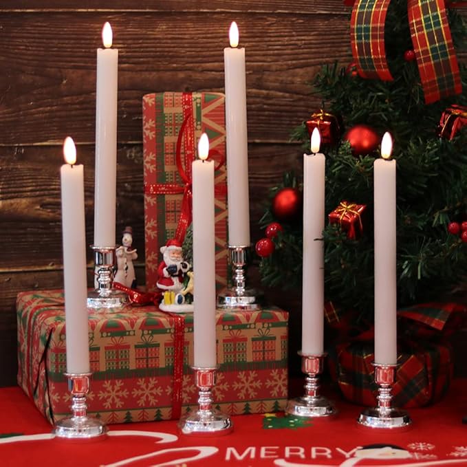 Wondise Flickering Taper Candles with Timer and Remote, 9 Inch Battery Operated 3D Wick Real Wax White Candles for Wedding Holday Christmas Decoration, Set of 6(D0.8 x H9.6 Inch)