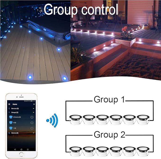 Sumaote LED Deck Lights Kit, 20Pcs 1.22" WiFi Smart Phone Control Recessed RGBW Deck Stair Lighting, IP67 Waterproof Outdoor Low Voltage Landscape Lighting for Steps Path Pool Side, Black