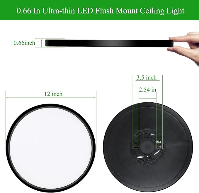 LED Flush Mount Ceiling Light Fixture, 24W 12Inch 2880LM Low Profile Black Ceiling Light for Bedroom, Living Room, Dining Room, Pack of 2