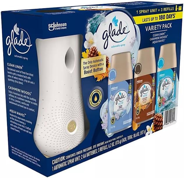 Glade Automatic Spray Variety Pack, 6.2 oz, Aqua Waves, Cashmere Woods & Clean Linen, 8 Ounce (Pack of 1)