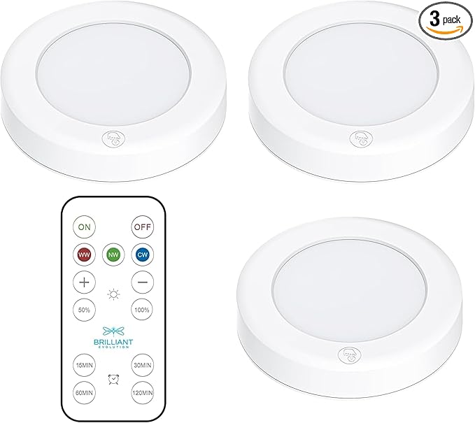 Brilliant Evolution Wireless LED Puck Light 3 Pack - Works with Remote Control - Under Cabinet, Closet Light - Battery Powered - Under Counter Lighting - Stick On Lights