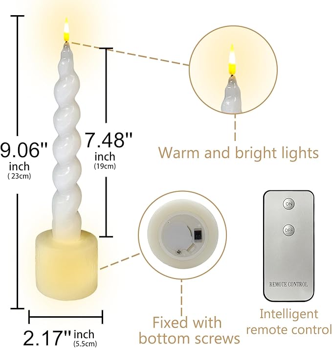 Spiral Taper Candle LED Candlesticks, 7.5 Inch Flameless Tapered Candles Battery Candle Sticks Remote Twisted Candlestick for Dinner Holiday Wedding Party Housewarming-2D