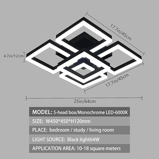 Garwarm Modern LED Ceiling Light, Black Flush Mount Light Fixtures,64W Ceiling Lamp for Living Room Bedroom Dining Room, 5 Square Metal Acrylic Surface Mount Chandelier Cool White 6000K