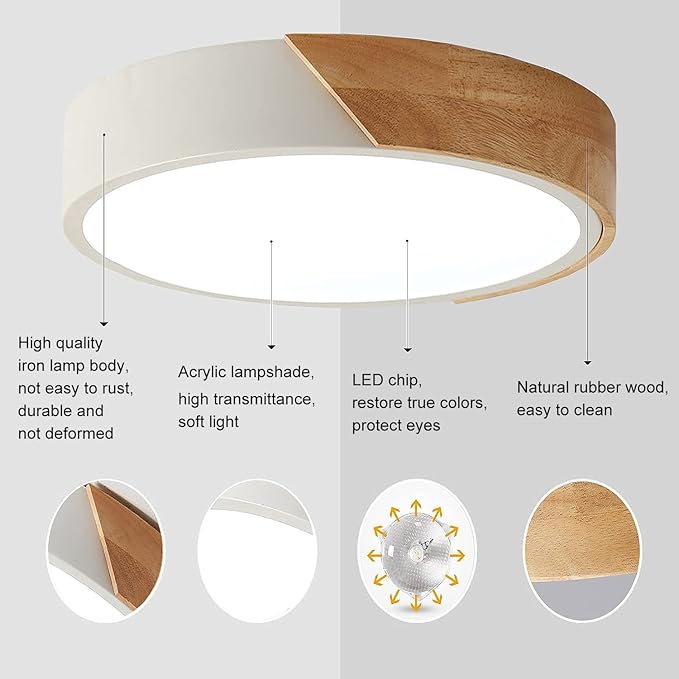 Wood LED Flush Mount Ceiling Light, 3CCT 3000K-6500K Modern Round Close to Ceiling Lighting Fixtures,12 Inch Minimalist White Ceiling Lamp for Living Room, Bedroom, Laundry Room, Not Dimmable