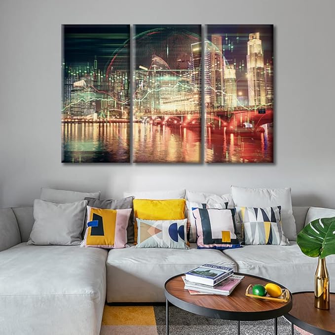 TUMOVO Financial Chart on City Scape with Tall Buildings Background Art Pictures Office Decor 3 Pieces Analysis Concept Wall Decor for Living Room Ready to Hang (60" Wx40 H)