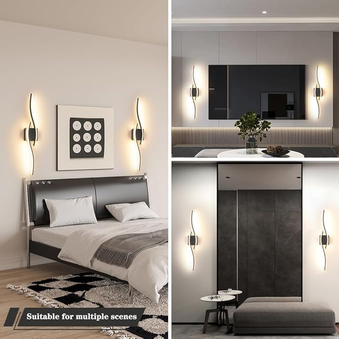 Modern Hardwired Wall Sconce Set of 2, LED Black Wall Light with Remote Control, RC Dimmable LED Wall Light Indoor, Wall Decor for Hallway Bedroom Living Room TV Wall, 27.5 in, Timer, Memory
