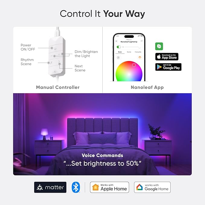 Nanoleaf Essentials Matter Bluetooth & WiFi Smart Multicolor LED Lightstrip 200" Smarter Kit (5m) - RGB & Whites, Controller, App & Voice Control (Works with Apple Home, Google Home)