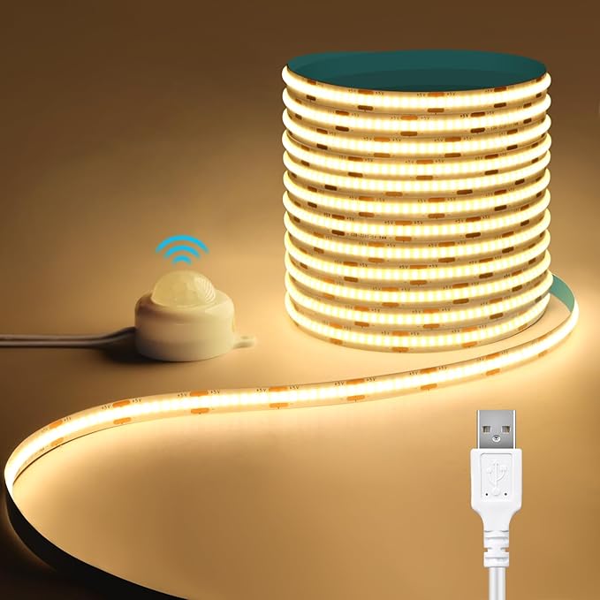 USB 5V COB LED Strip 6.56ft/2M Motion Sensor LED Under Cabinet Light 3000K Flexible LED Strip Lights for TV Backlight, Stair, Kitchen, Bedroom DIY Lighting (Warm White)