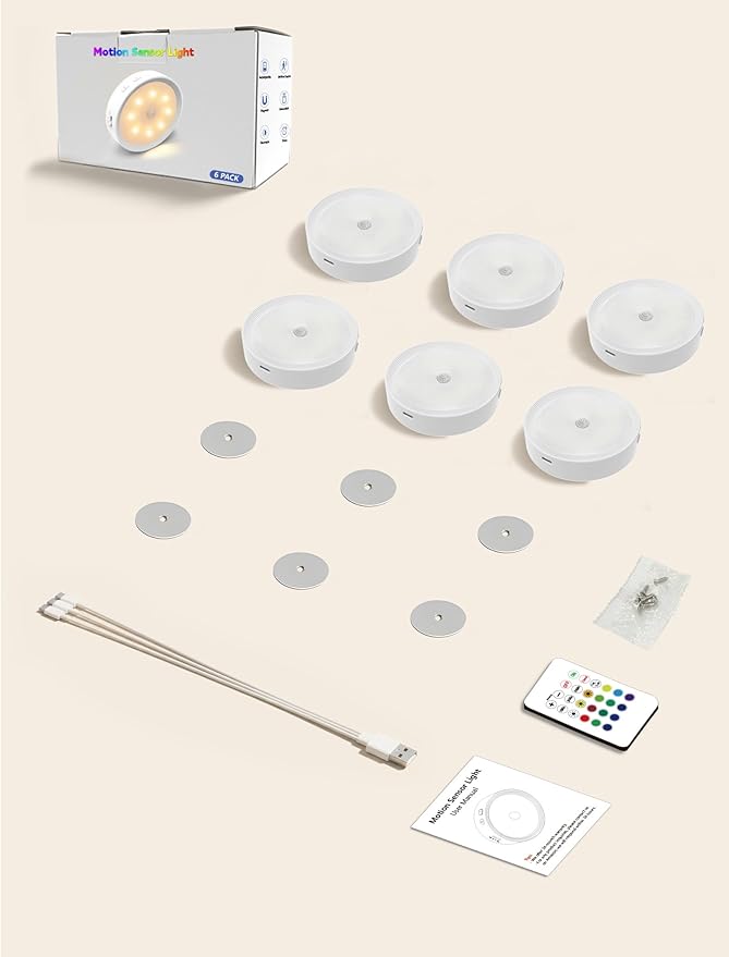 Under Cabinet Lighting, LED Puck Lights with Remote, Rechargeable Motion Sensor Lights Indoor, Dimmable Stick On Lights 3 Color Temps & 12 RGB Under Counter Lights for Kitchen, Closet White 6 Pack