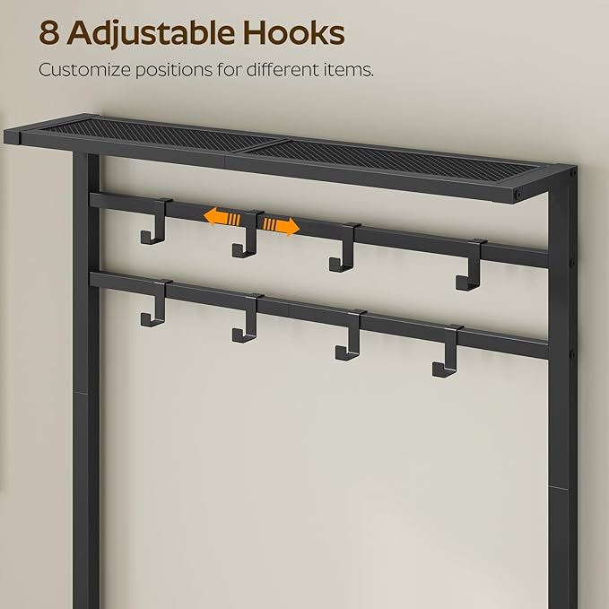 5-in-1 Hall Tree with Drawers, Entryway Bench with 8 Adjustable Coat Rack and Shoe Storage, Industrial Coat Rack with Bench for Entryway and Front Door, Rustic Brown and Black MT06BR