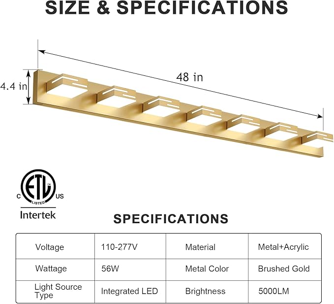LED Modern Bathroom Vanity Light Fixtures, 7-Light 48-inch Dimmable Gold Vanity Lights for Bathroom Lighting Fixtures Over Mirror, with 350° Rotatable Heads (Cool White 6000K)