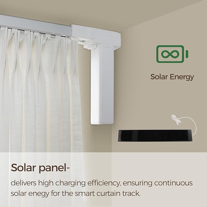 TWOPAGES Solar Powered Smart Curtain Track for Ceiling Mount and Wall Mount, 279 Inches Wide Electric Curtains Rail System Compatible with Google, Alexa App, Remote Control