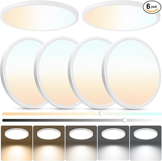 6-Pack of 12 Inch LED Flush Mount Ceiling Lights, 2640LM 24W Dimmable & 5CCT Adjustable, Ultra Slim Flat Lighting Fixture for Low Ceilings, Bedroom, Hallway, Basement, Apartment, White