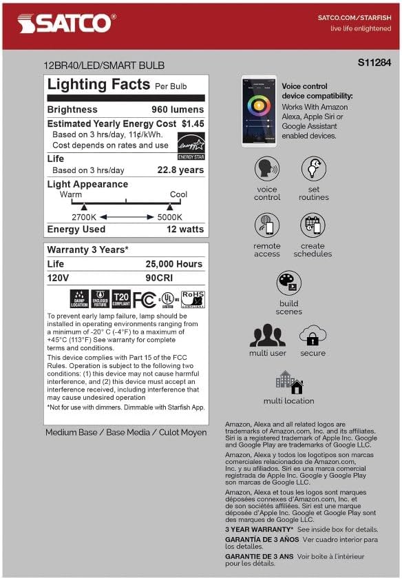 Satco S11284 Starfish WiFi-Control BR40 LED Color-Changing and Tunable White Smart Light Bulb, 12 Watts, 2700K-5000K