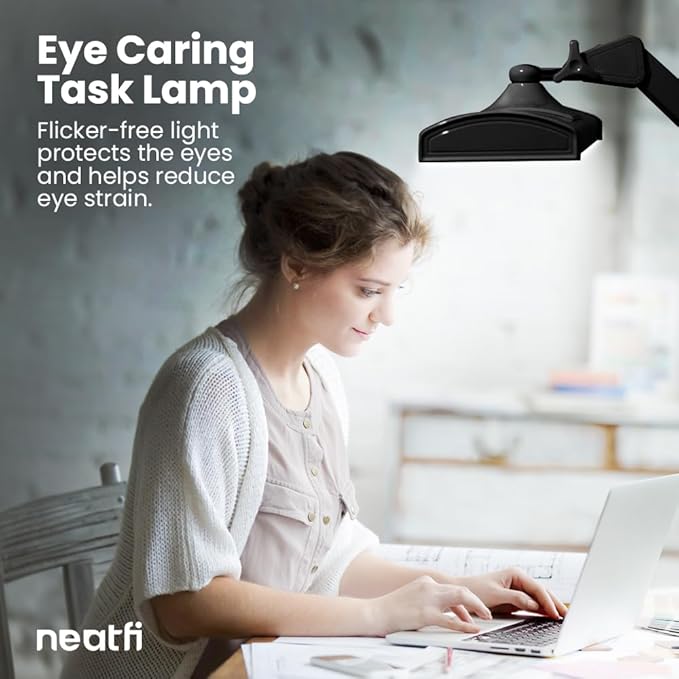 Neatfi Ultra 3,500 Lumens LED Desk Lamp – 45W, 26” Wide Metal Shade, 270 SMD LEDs, Shadow-Free | Adjustable Brightness | Non-Flickering Task Light for Nail, Craft & Office (Non-CCT with Clamp, Black)