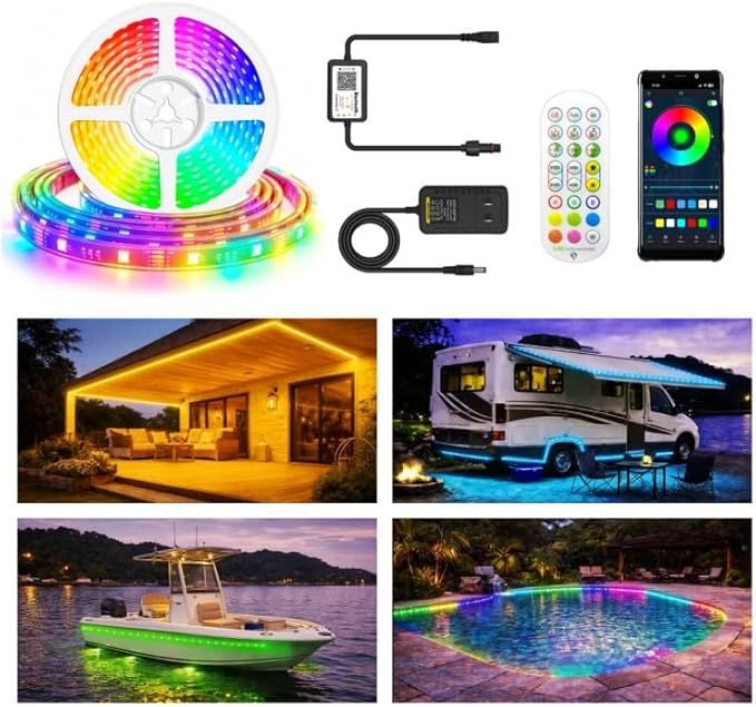 12V RGB+IC Dream Color Chasing Aquarium LED Strip Lights, 10.5FT APP & Remote Control IP68 Fully Waterproof Fish Tank Led Strip Light for RV, Marine, Deck Patio, Pool, Pond, Balcony