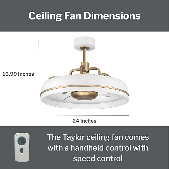 Craftmade Taylor 20" Dual Mount Indoor/Outdoor Flat Black Finish Ceiling Fan, LED Light Kit, Remote Control Included, Smart WiFi Enabled with Voice Activation (White/Satin Brass)