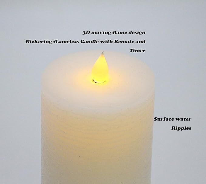 Flickering Flameless Candle with 3D Moving Flame, with Remote and Timer, Real Wax Candles, LED Pillar Water Ripples Battery Operated Candle for Wedding, Christmas, Home Decor(Ivory)