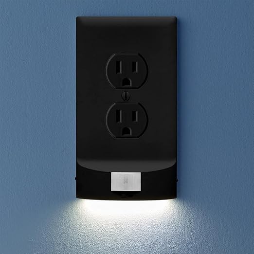 SnapPower 5 Pack MotionLight [for Duplex Outlets] - Motion Detecting LED Night Lights Built-in to Wall Plate - Bright/Dim/Off Options - Auto On/Off Sensor - (Duplex, Black)