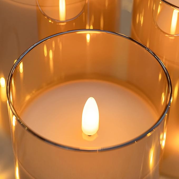 Glass LED Flameless Candles Set with Remote, Gold Battery Operated Fake Candles, Real Wax with Warm Flickering Light, Safe Decorative Pillar Candles for Home, Wedding, Party Gift (Pack of 3)