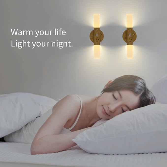 Motion Sensor Wall Mounted Lights,Wall Sconces Lamp Magnetic Wooden LED Wall Sconce for Bedroom Corridor Staircase Cabinet,2 Pack
