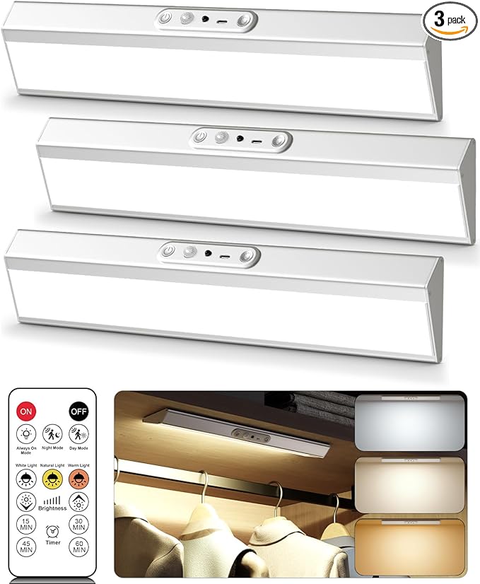 Motion Sensor Closet Lights, Eye Protection Design Cabinet Lighting Wireless with Remote, 3 Color Temps & Dimmable, Magnetic, Rechargeable LED Closet Lighting for Kitchen, Wardrobe, Pantry, 3 Pack