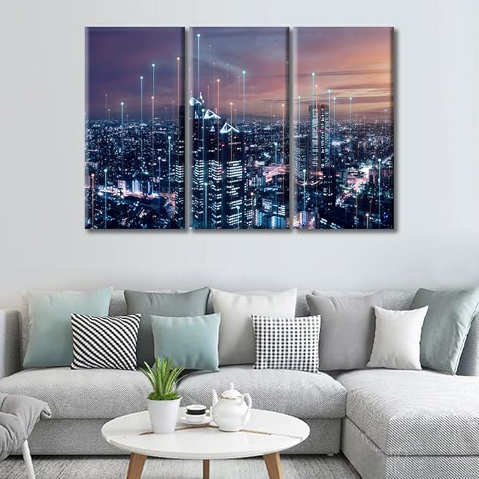TUMOVO Modern City with Wireless Network Connection Wall Art Canvas Print 3 Pieces CPU Concept Artwork Wall Decor for Bedroom Technology Science Paintings Wall Art Framed Ready to Hang (60" Wx40 H)