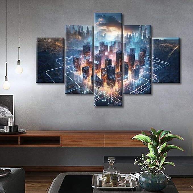 5 Piece Artificial Intelligence Concept Wall Art for Living Room Massive Brain Powering a Futuristic City Painting on Canvas Wall Decor Art Modern Bedroom Wall Art Framed Ready to Hang, (60"Wx40"H)