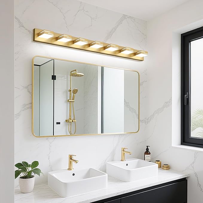 LED Modern Bathroom Vanity Light Fixtures, 7-Light 48-inch Dimmable Gold Vanity Lights for Bathroom Lighting Fixtures Over Mirror, with 350° Rotatable Heads (Cool White 6000K)