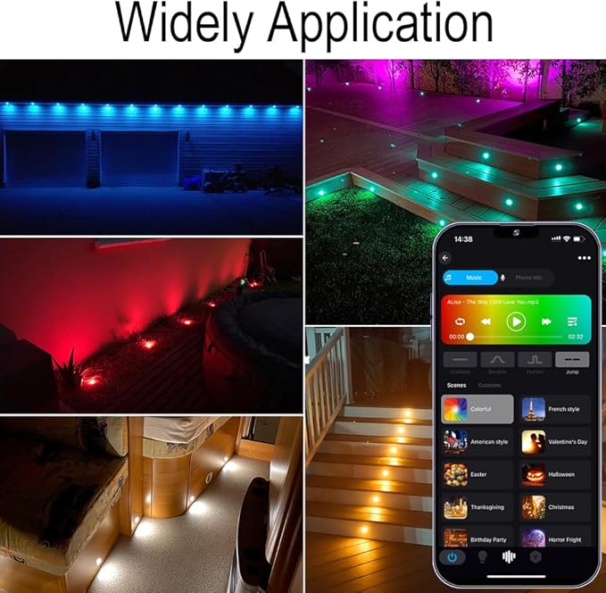 Sumaote LED Deck Lights Kit, 20Pcs 1.22" WiFi Smart Phone Control Recessed RGBW Deck Stair Lighting, IP67 Waterproof Outdoor Low Voltage Landscape Lighting for Steps Path Pool Side, Black