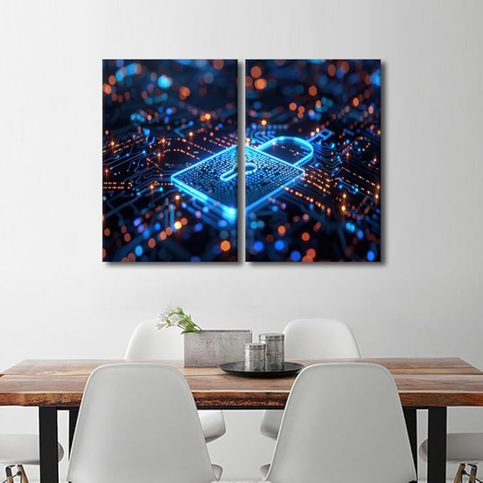 3 Pieces Security Lock Symbol Home Decor Wall Art AI Intelligence Paintings Pictures Artwork Home Decor for Living Room Giclee Framed Gallery-Wrapped Ready to Hang, 24" Wx16 H