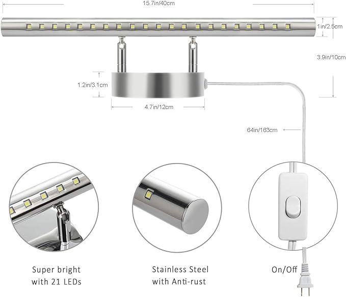 Bathroom Vanity Lights for Bathroom Light Fixutres 15.7 Inches Bathroom Lights Over Mirror 5W Led Lighting Plug in Vanity Lighting Fixtures Stainless Steel with 180°Rotation,6000K Cool White