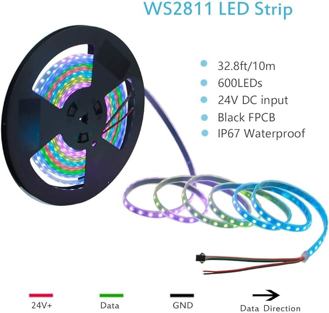 ALITOVE 32.8ft Addressable RGB LED Strip Light WS2811 Dream Color Digital Programmable Flexible LED Pixel Light 24V 10m 600 LEDs 5050 SMD Waterproof IP67 Black PCB for Raspberry Pi DIY Project