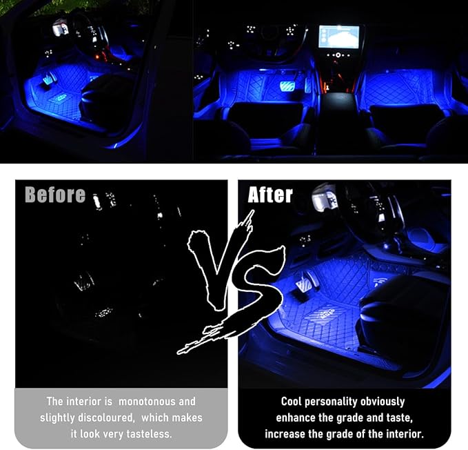 Car Interior LED Strip Light, 12V 24 LED Waterproof Neon Ambient Night Light with USB Port, Automotive Atmosphere Decorative Under Dash Lighting Kit, Car Accessories (Blue)