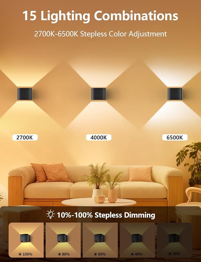 Motion Sensor Wall Light with Remote Control, 5000mAh Rechargeable Battery Powered Wall Lamps, Dimmable 2700-6500K, Adjustable Beam Angle, Black Up and Down Wireless Wall Sconce for Bedroom, 2-Pack