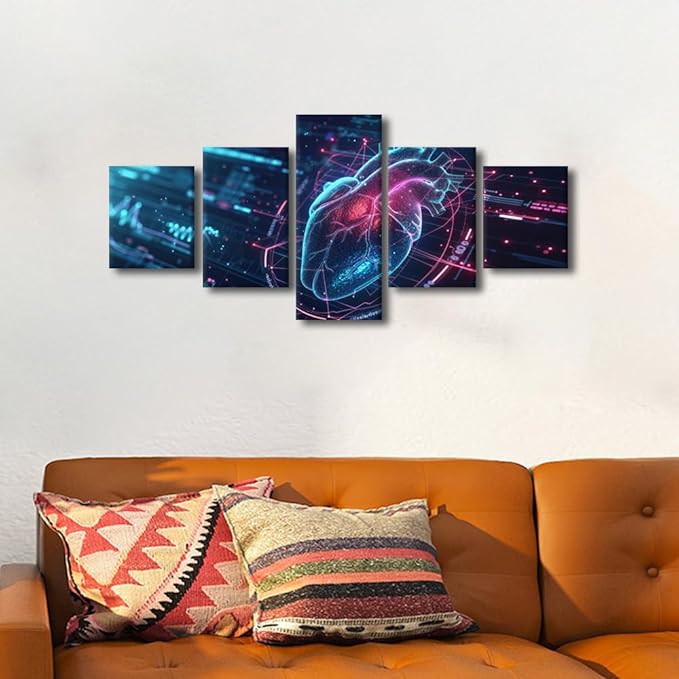 5 Panel Heart-shaped Icon Canvas Painting AI Generated Wall Art for Living Room Bedroom Art Wall Decor Artificial Intelligence Heart Posters and Prints Ready to Hang for Home Decorations 50"Wx24"H