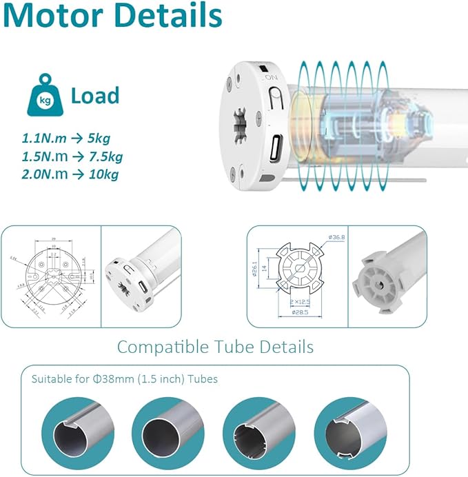 Remote Control Motorized Roller Shade Kit for 1.5" Tube (38mm) | Rechargeable Electric Blind Motor | Wireless DIY Retrofit Driver | Quiet RF433 | High Torque & Long Battery Life (2.0 N.m Torque)