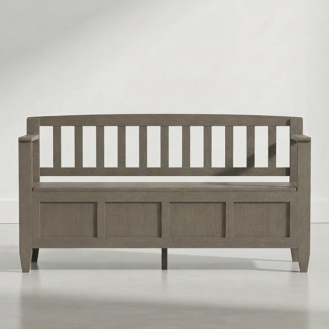 SIMPLIHOME Brooklyn Entryway Storage Bench - 48 inch Wide Solid Wood Storage Seat in Aged Grey, Contemporary Bench for Entryway or Living Room with Lift-Up Lid and Slatted Backrest