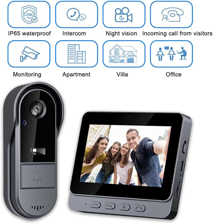 Doorbell Camera Wireless No Subscription 1080P, Waterproof Door Bell Camera with Monitor Screen Free Storage NO WiFi and APP Needed, Video Intercom Two-Way Audio, 170° View Angle,Night Vision