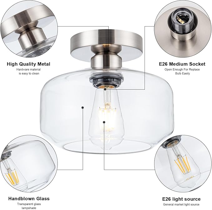 Tbaoinal Semi Flush Mount Ceiling Light Clear Glass Shade Matal Base, Inclede LED Bulb, Low-Profile for Kitchen/Hallway/Entryway/Bathroom, Silver