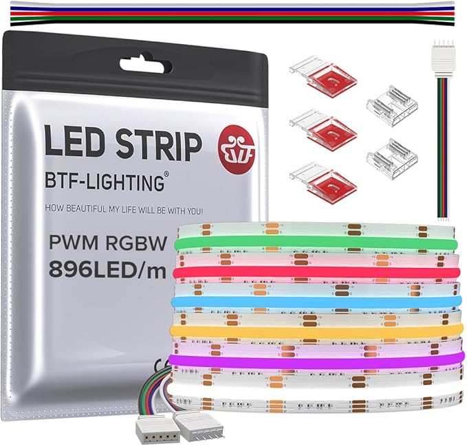 BTF-LIGHTING FCOB COB LED Strip RGBW 6500K 896LED/m 16.4FT DC24V Color Changing Flexible High Density Uniform Light 12mm Width for Home Indoor Decoration(No Adapter or Controller)