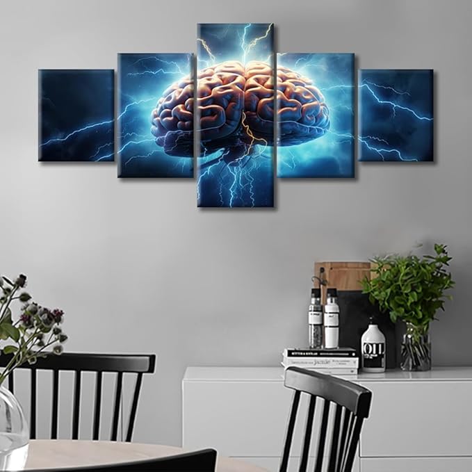 Brain Power Lightning Modern Wall Smart Brain Pictures Brainstorming Concept Contemporary Artwork Print On Canvas Bedroom Wall Art for Living Room Framed Ready to Hang, (50"Wx24"H)