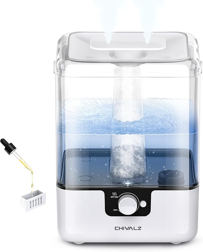 CHIVALZ Humidifiers for Bedroom Large Room Home, 6L Cool Mist Humidifier for Baby and Plant, Oil Diffuser, Top Fill Humidifier with Night Light, Quiet 26dB, Up to 50H, White 1Pack