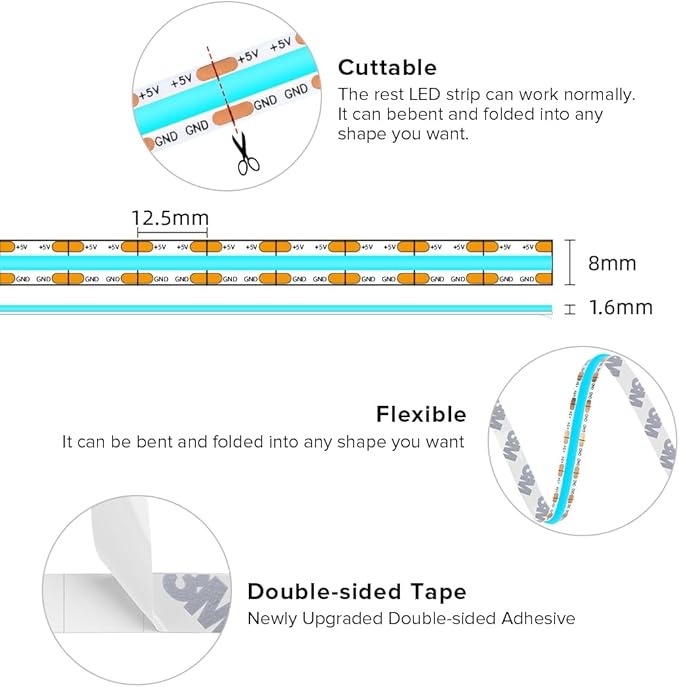 BTF-LIGHTING FCOB COB FOB LED Strip Lights 5V USB Powered 9.8FT 960LEDs Ice Blue 8mm Width Dimmable CRI 90+ with 3M Tape Flexible High Density for 3D Printer TV Backlight PC DIY Decor