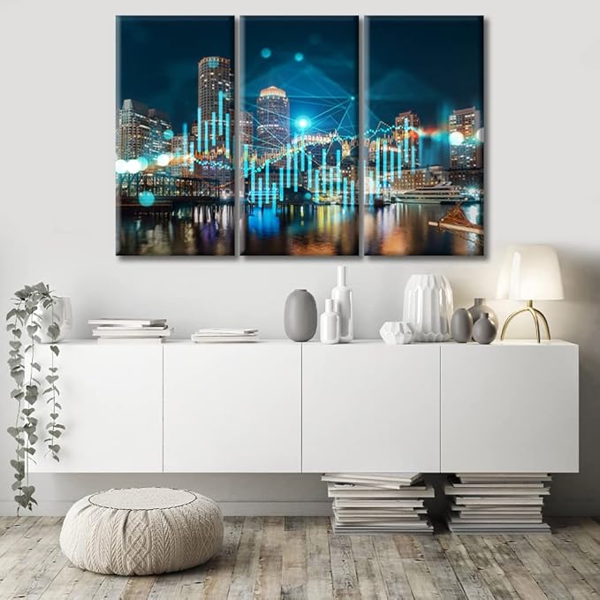 TUMOVO Forex Graph Hologram Canvas Paintings Bedroom Canvas Wall Art 3 Panel Downtown View Boston Skyline Buildings Pictures Wall Art for Living Room Ready to Hang (42" Wx28 H)