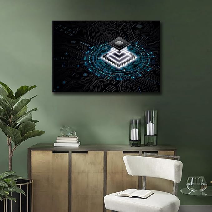 TUMOVO AI Canvas Wall Art CPU Concept Paintings Computer Chip Prints on Canvas Digital Age Modern Artwork Pictures for Living Room Bedroom Wall Decor Giclee Framed Ready to Hang, 36x24in