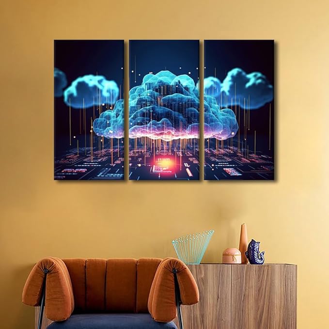 TUMOVO 3 Panel Canvas Wall Art Cloud Networking, Crypto, AI, Firewall Network Security Pictures Print on Canvas Wall Art for Home Decorations, Wooden Framed Ready to Hang, 60" Wx40 H
