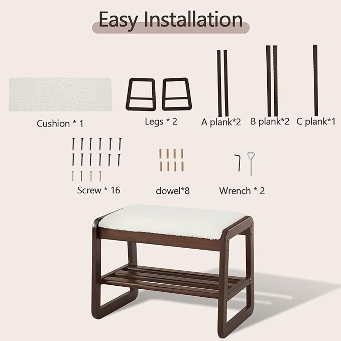 Small Shoe Rack Bench,2 Tier Solid Wooden Entryway Bench with Shoe Storage, Shoe Rack with Cushion for Living Room, Hallway(CreamWhite, 21.6")