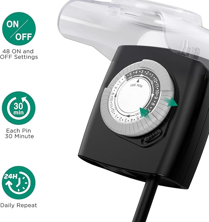 G-Homa [Enhanced] Outdoor Timers, Mechanical 24 Hour Timer Outlet, Outdoor Light Timer Waterproof with Protective Cover, 18 in Cord, 15A 3/4HP, CSA Listed, Ideal for Engine Block Heater, Pool Pump