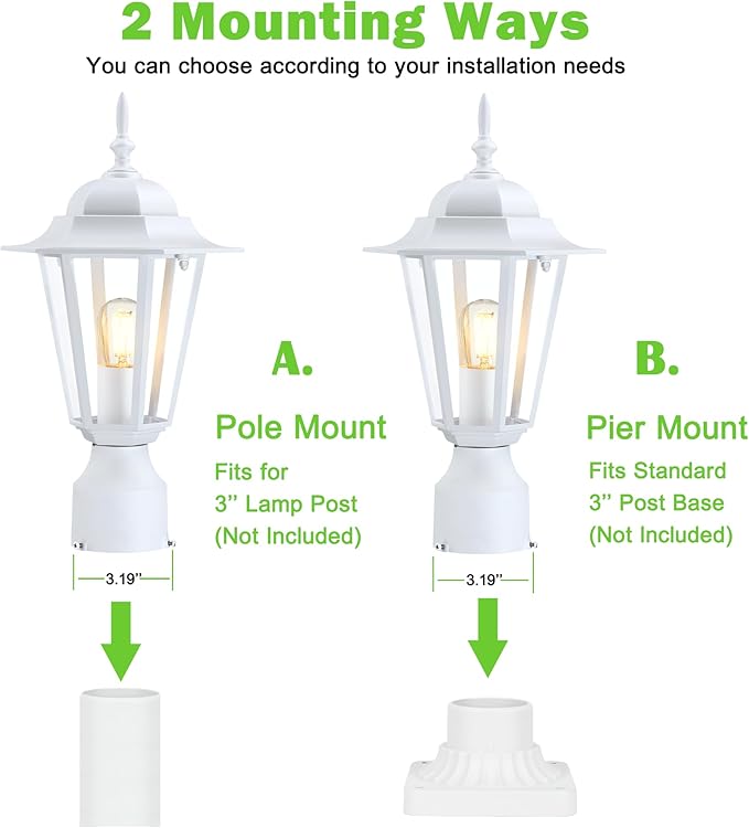 Outdoor Post Light, Pole Lantern, Waterproof Die-Cast Aluminum Pole Light Fixture with Glass, Exterior Post Lamp for Garden Yard Patio Pathway, Matte White, 1-Pack